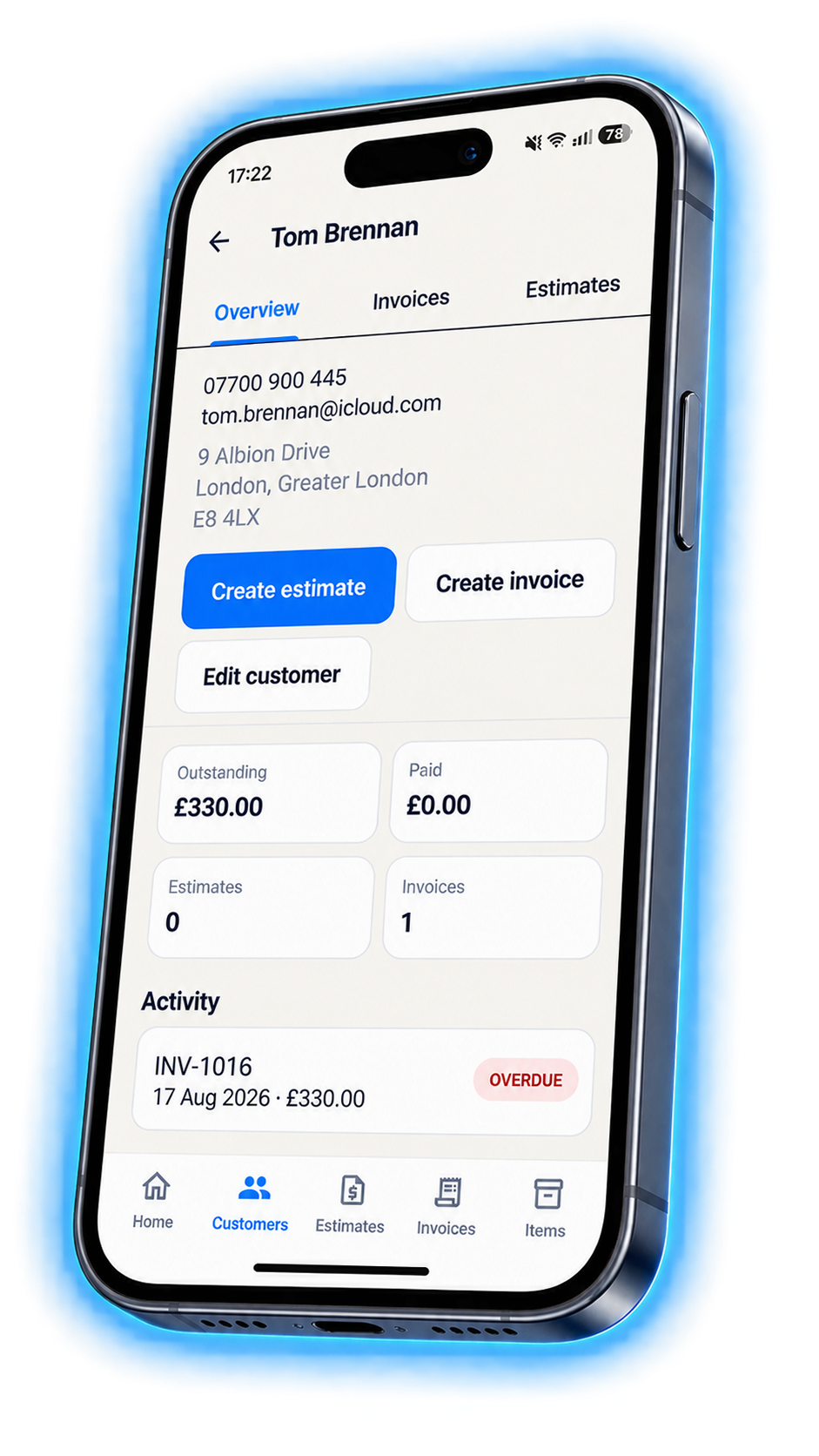 Customer details for Tom Brennan with phone, email and address, Create estimate and Create invoice buttons, and an overdue invoice.