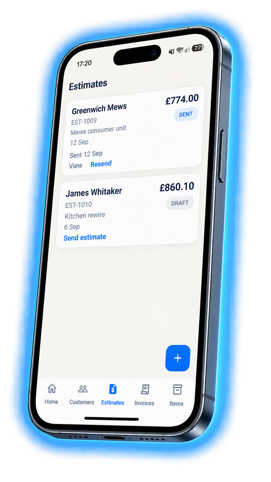 VanlyGo estimates list with a sent Greenwich Mews quote for £774.00 and a James Whitaker draft.