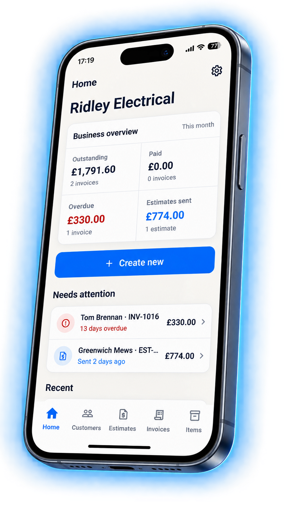 VanlyGo home for Ridley Electrical, showing £1,791.60 outstanding, an overdue invoice, and a Create new button.