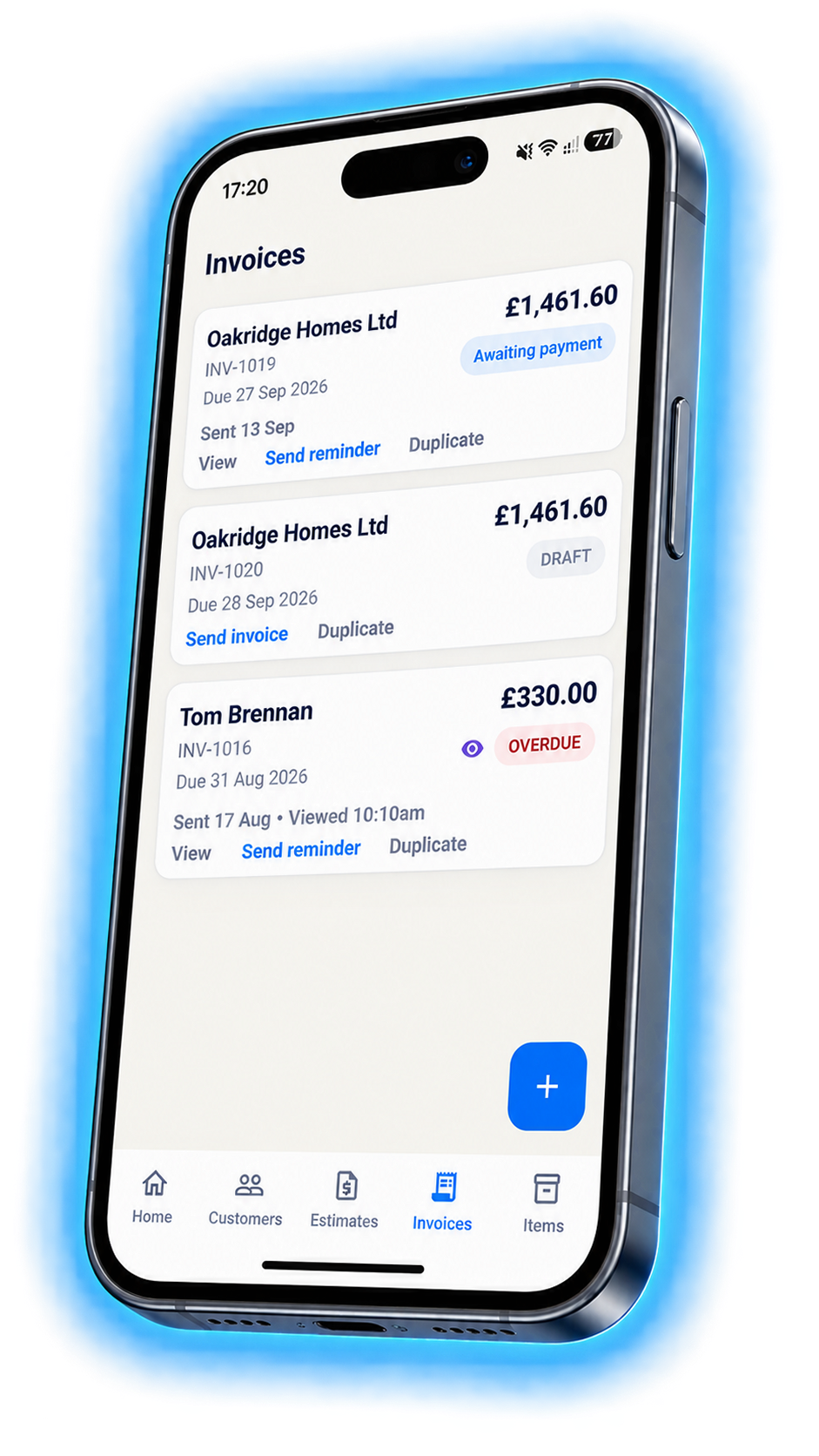 VanlyGo invoices list showing invoices awaiting payment, a draft, and an overdue invoice with Send reminder.