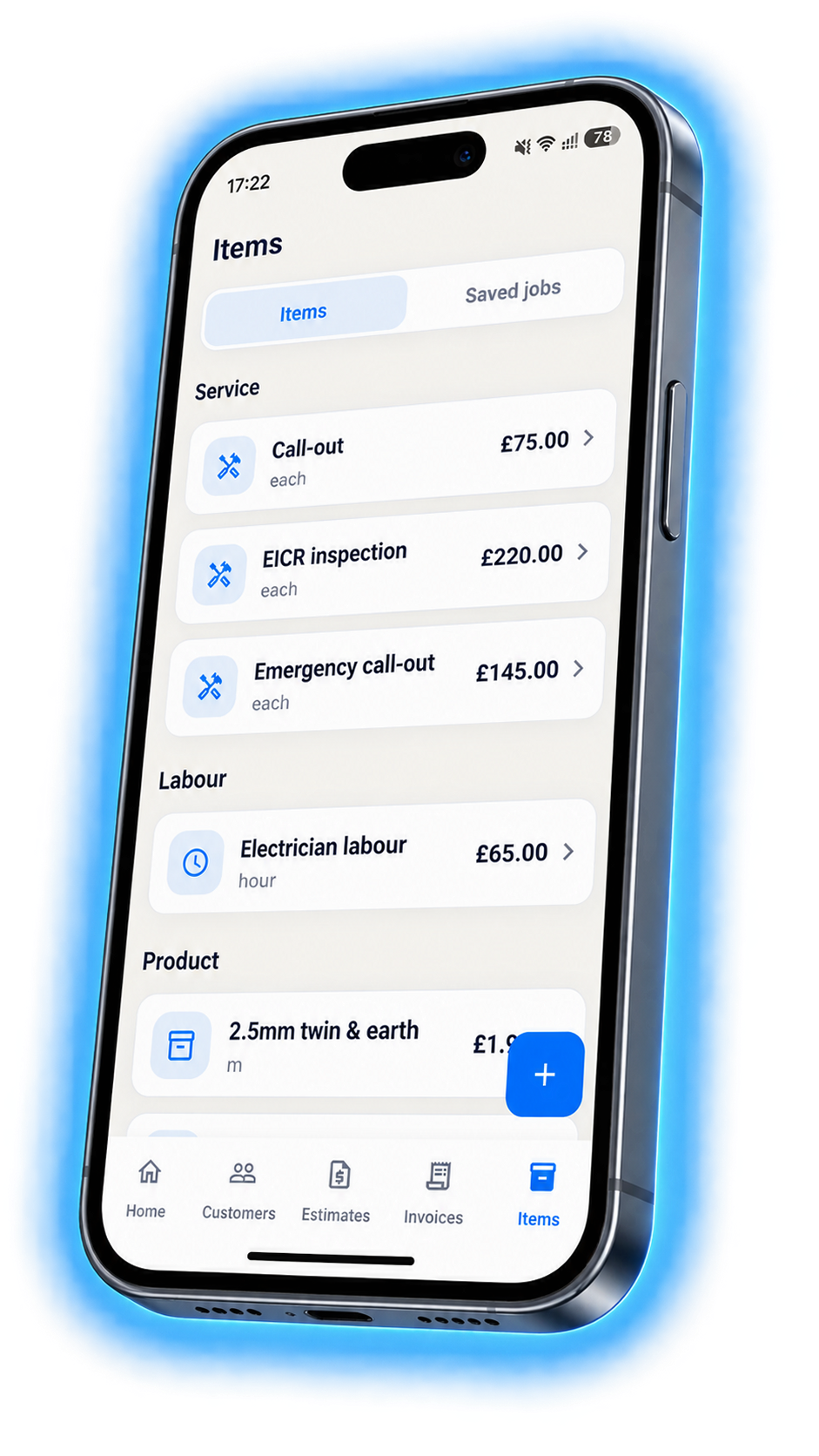 VanlyGo items list with a £75.00 call-out, £220.00 EICR inspection, £65.00 hourly labour, and priced materials.