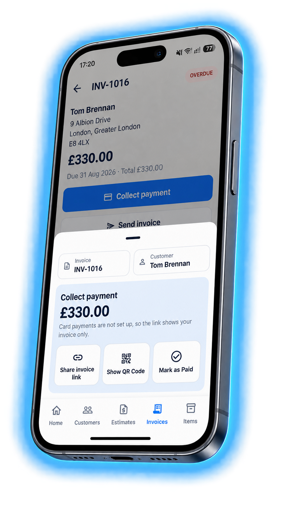Collect payment on invoice INV-1016 for £330.00, offering Share invoice link, Show QR Code, and Mark as Paid.