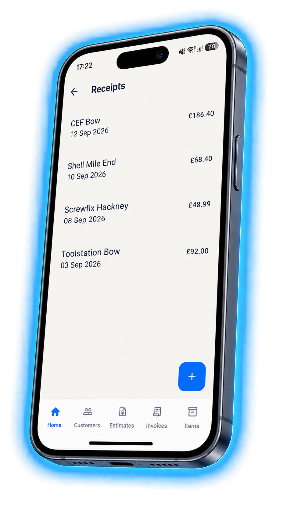 VanlyGo receipts list with supplier names such as CEF Bow and Screwfix Hackney, each with a date and amount.