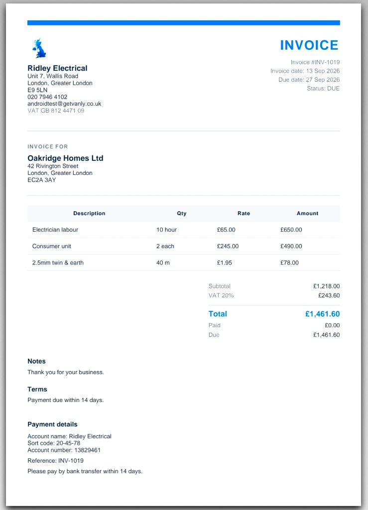 A VanlyGo invoice PDF from Ridley Electrical to Oakridge Homes Ltd, with labour and materials, 20% VAT, and a £1,461.60 total.